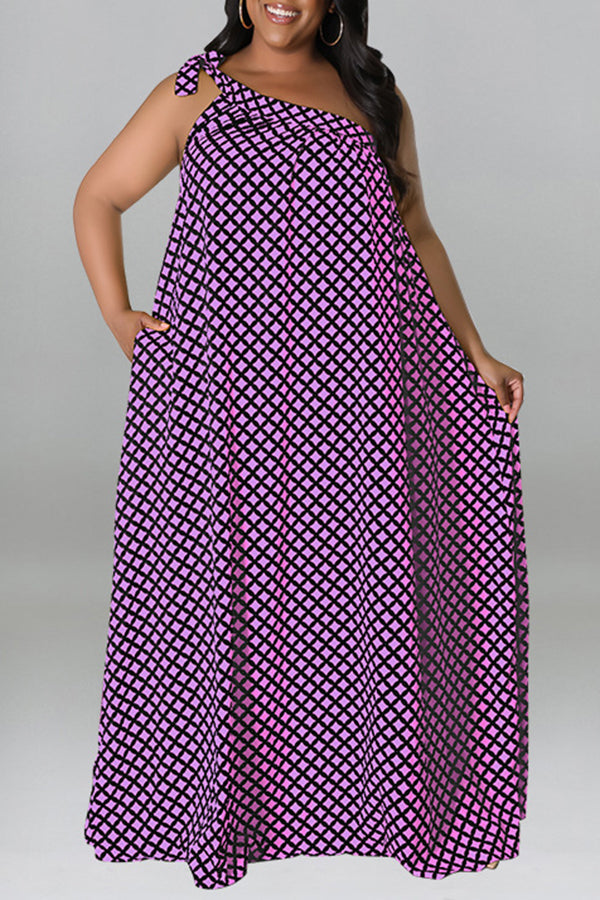 Robe Maxi Imprimée à Carreaux à la Mode de Grande Taille à Une Epaule