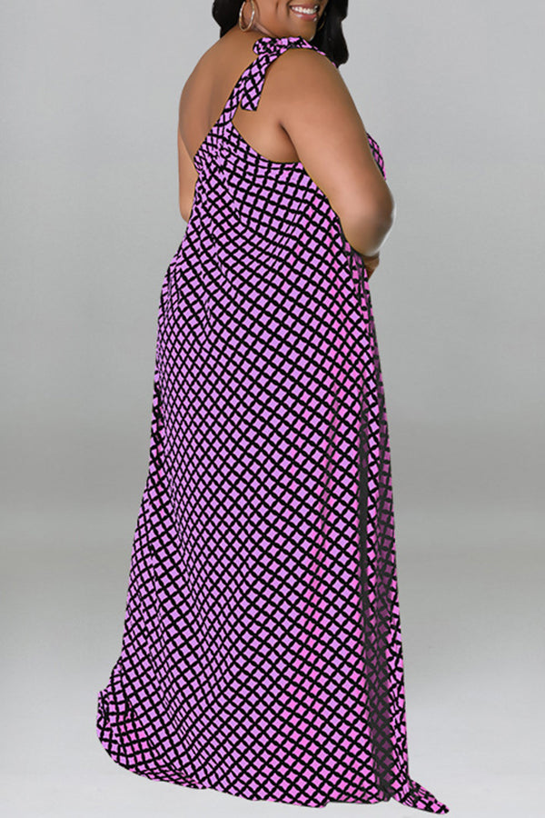 Robe Maxi Imprimée à Carreaux à la Mode de Grande Taille à Une Epaule