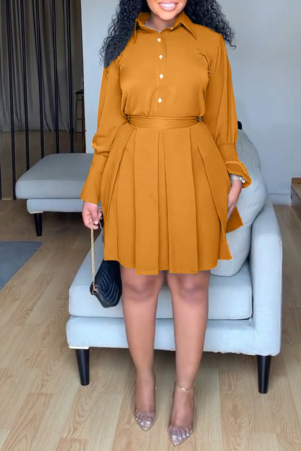 Mini-robe tempérament couleur unie à manches longues col chemise simple boutonnage