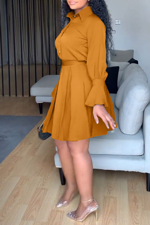 Mini-robe tempérament couleur unie à manches longues col chemise simple boutonnage