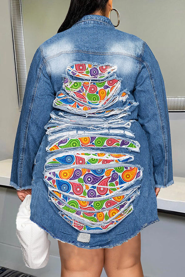 Fashion Rips Print Stitching Single Breasted Plus Size Veste en jean mi-longue