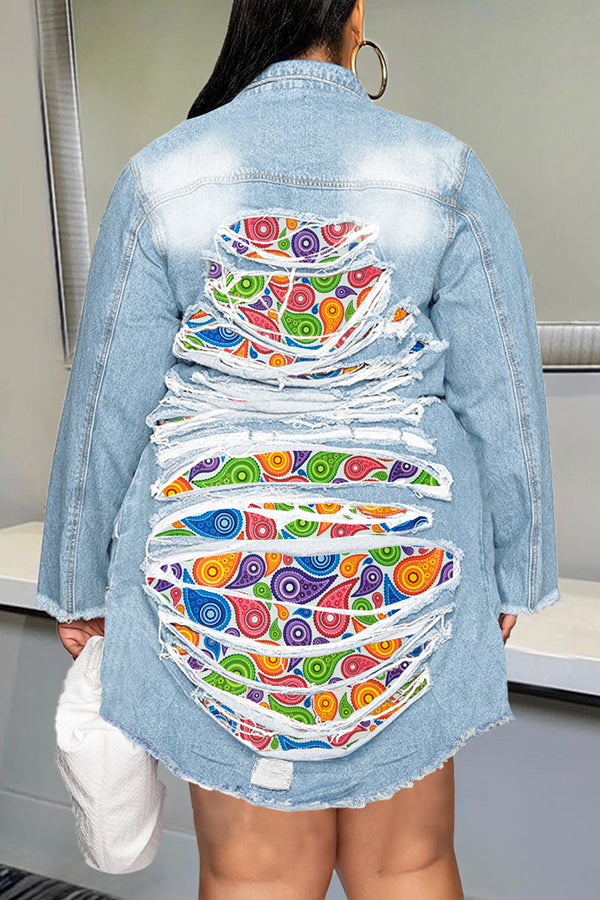 Fashion Rips Print Stitching Single Breasted Plus Size Veste en jean mi-longue
