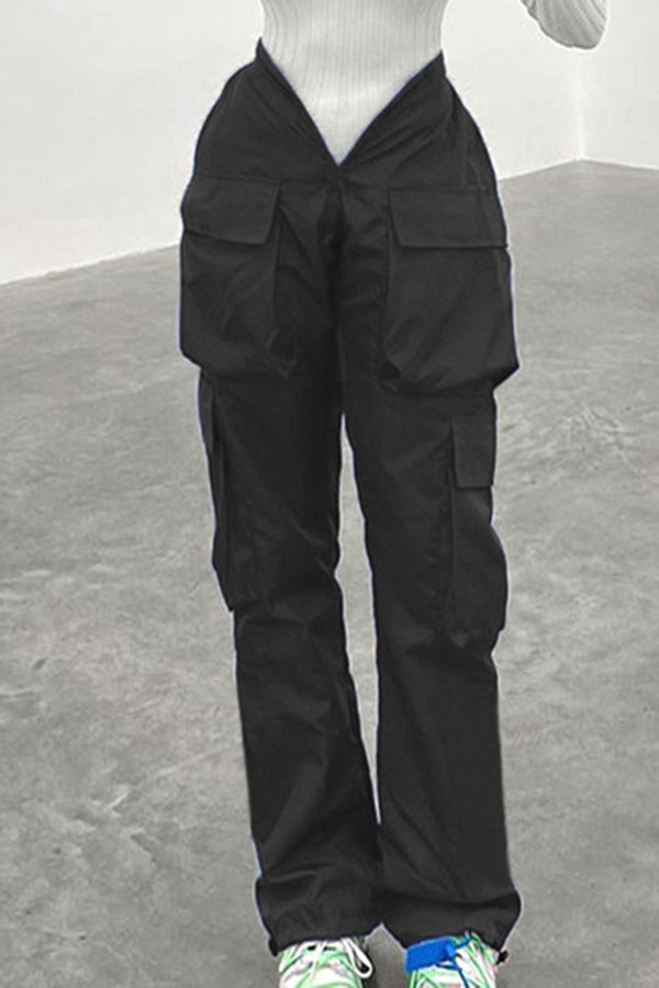 Pantalon cargo droit à taille haute avec poche à la mode de couleur unie