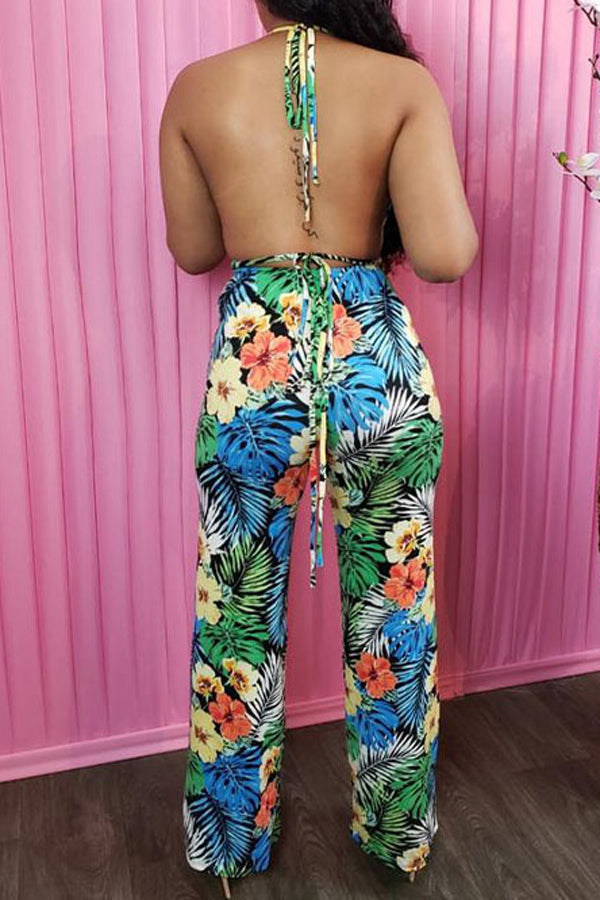 Camisole dos nu sexy à imprimé naturel à lacets taille haute costumes pantalons