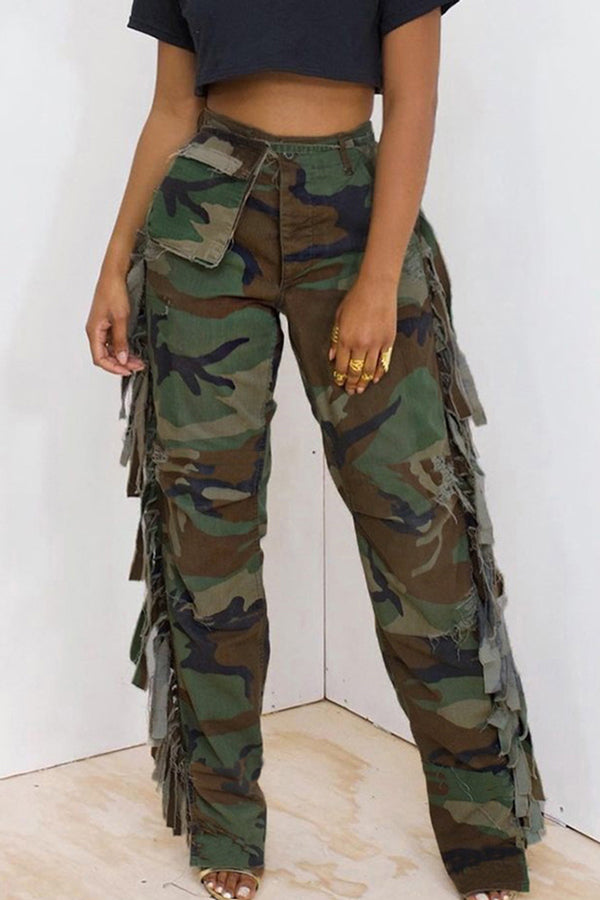 Pantalon droit à poches à lacets à imprimé camouflage à la mode