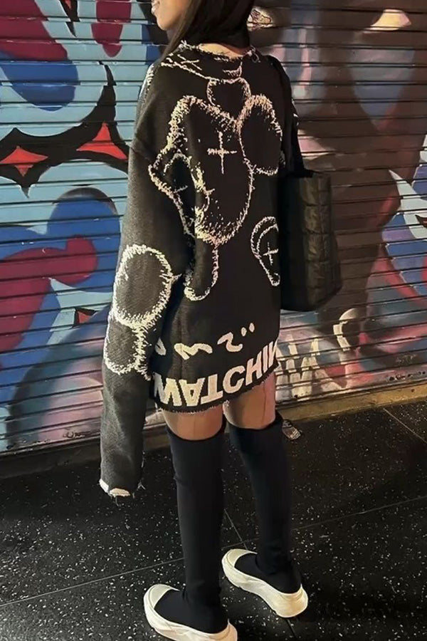 Mini-robe sweat-shirt effiloché à imprimé graffiti à la mode