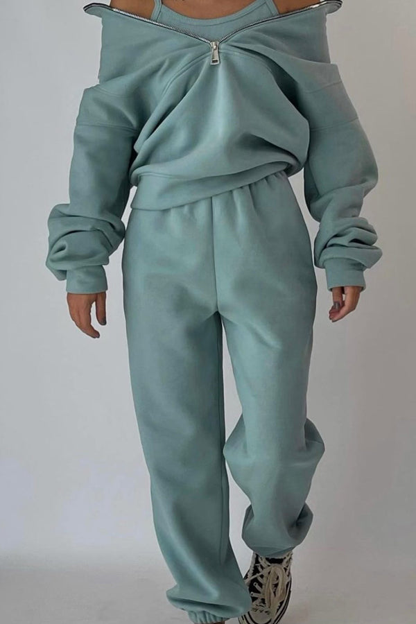 Costumes de pantalon de sweat-shirt à col montant zippé confortable de couleur unie