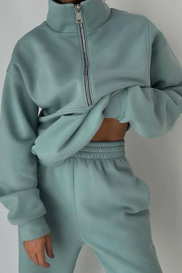 Costumes de pantalon de sweat-shirt à col montant zippé confortable de couleur unie