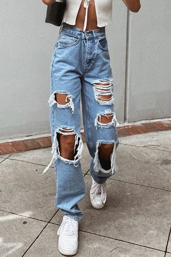 Jeans à coupe droite de couleur unie à trous déchirés à la mode