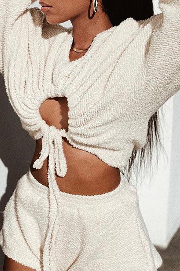 Fashion Batwing Sleeve Solid Color Lace-Up Knit Short Top Short Set