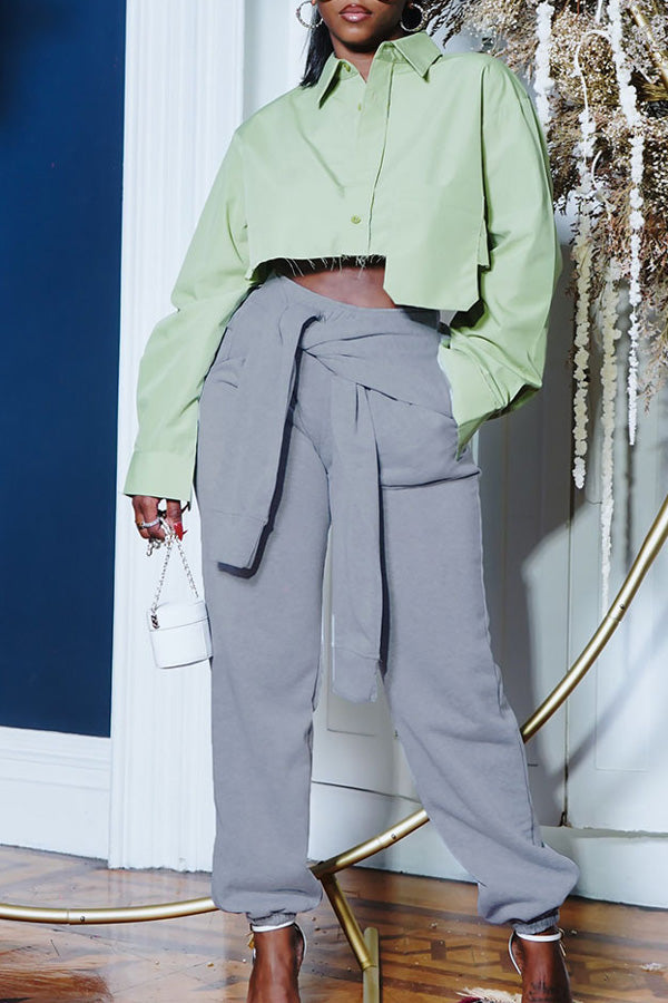 Pantalon de survêtement noué à deux pièces de couleur unie à la mode
