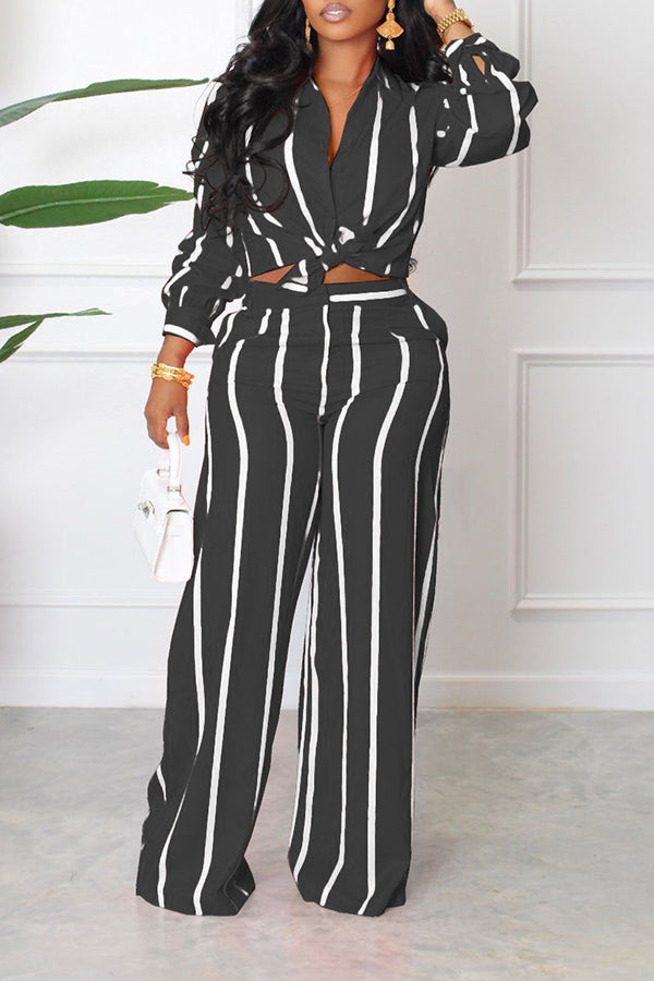 Fashion Stripe Print manches longues chemise pantalon deux pièces ensemble