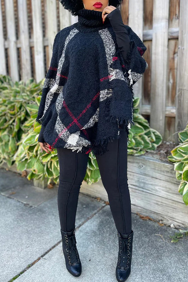 Pull en tricot surdimensionné à la mode avec col haut et franges Cape Châle