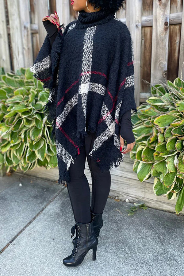 Pull en tricot surdimensionné à la mode avec col haut et franges Cape Châle