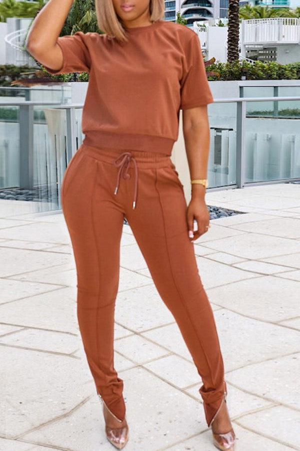 Street Fashion Solid Tee Top &amp; Zipper Slit Pants Set