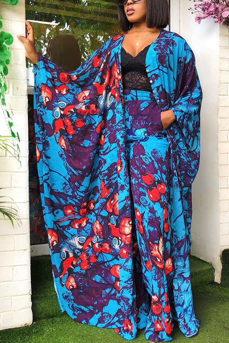 Grande taille décontracté en mousseline de soie à manches longues pantalon à jambes larges imprimé floral sur l'ensemble Kimono Cardigan deux pièces ensemble