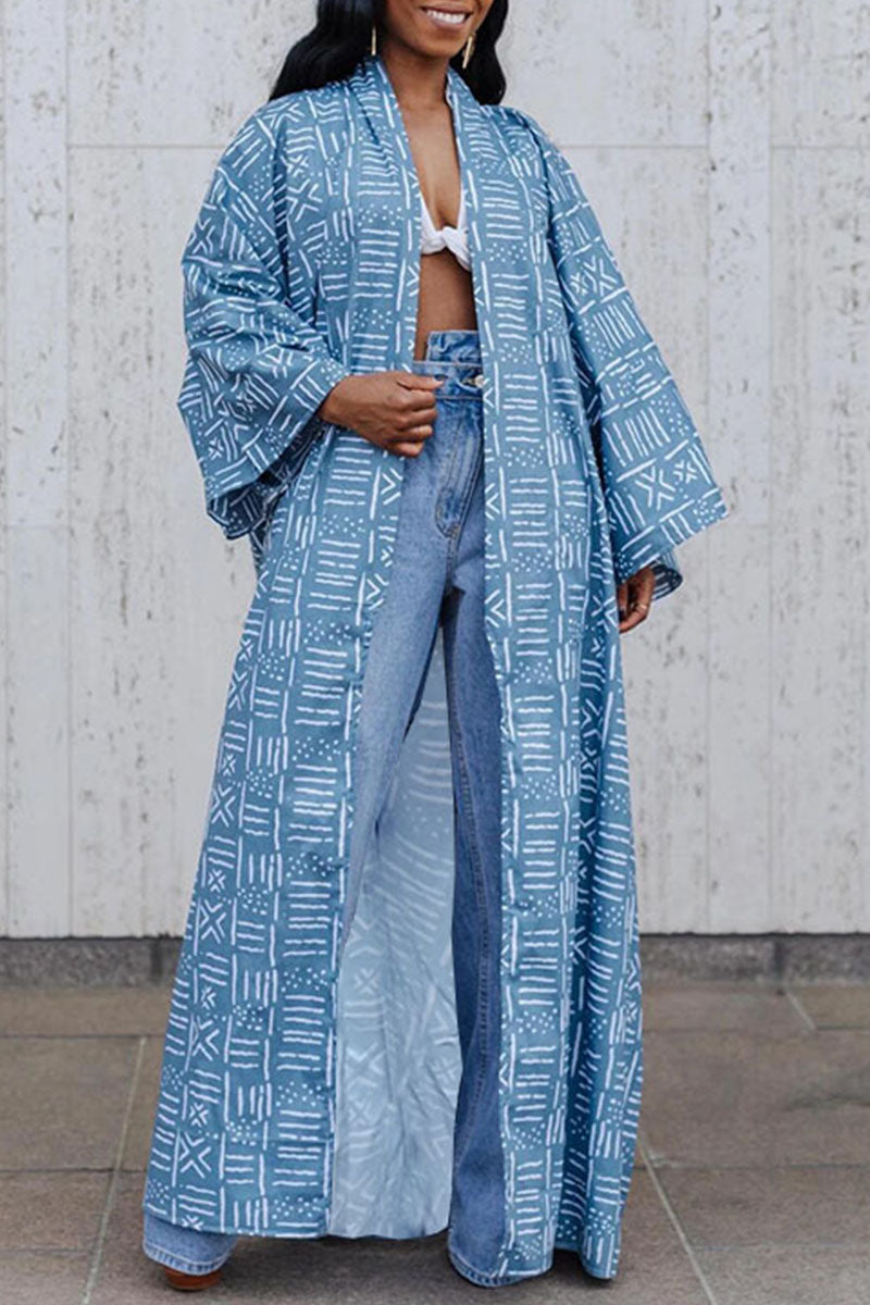 Robe Maxi Imprimée Africaine Bleue de Grande Taille Kimono Cardigan Vêtements d'Extérieur