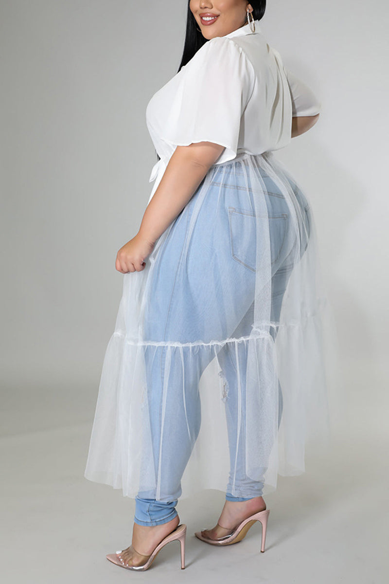 Grande Taille Décontractée Solide Chemise Couture Maille Tulle Transparente Maxi Robes