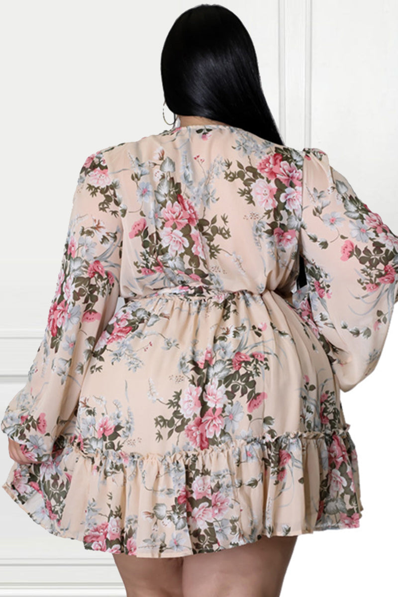 Mini-robes d'été décontractées à imprimé fleuri de grande taille à manches longues
