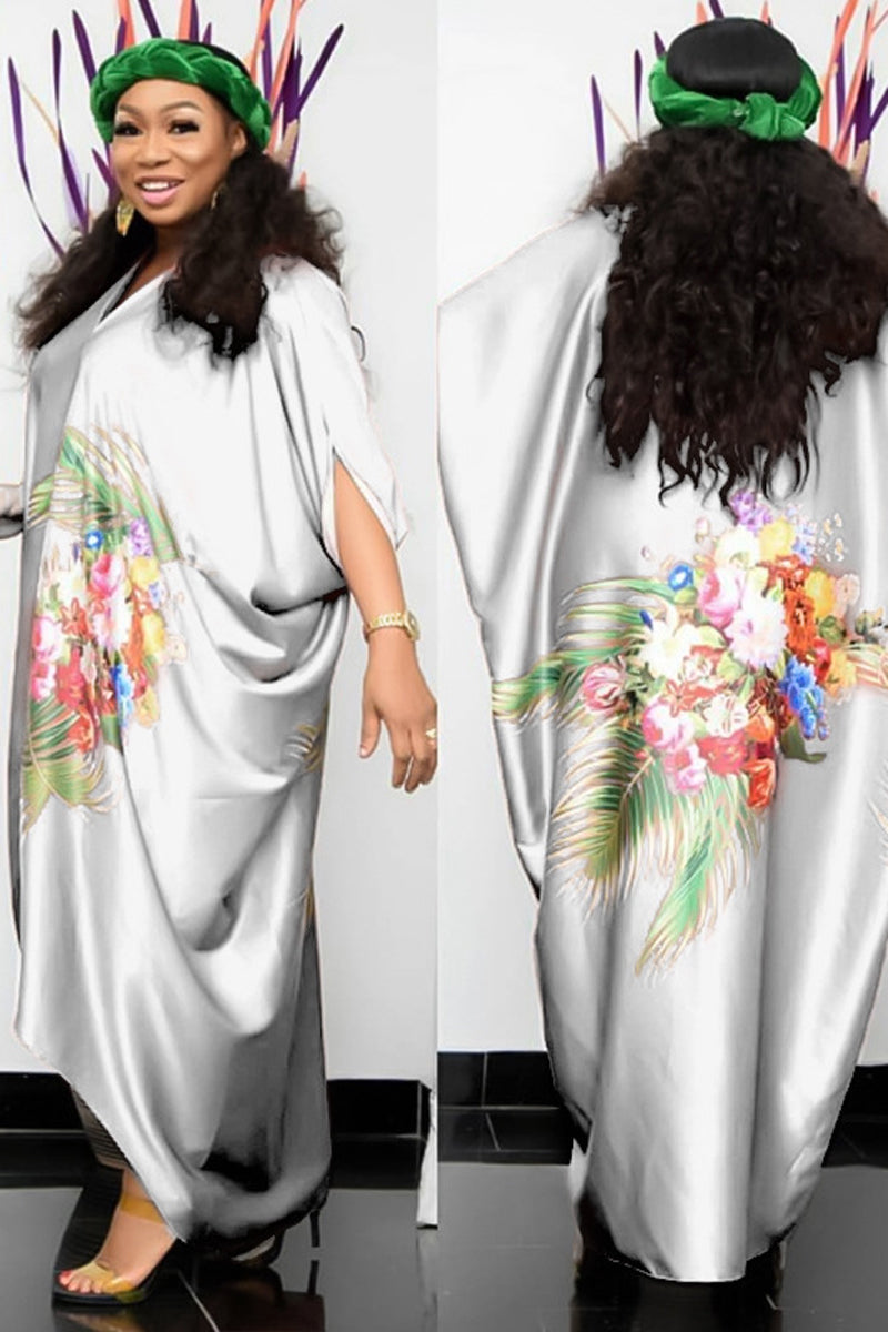 Robes Maxi Décontractées Imprimées Florales de Grande Taille à Manches Chauve-Souris