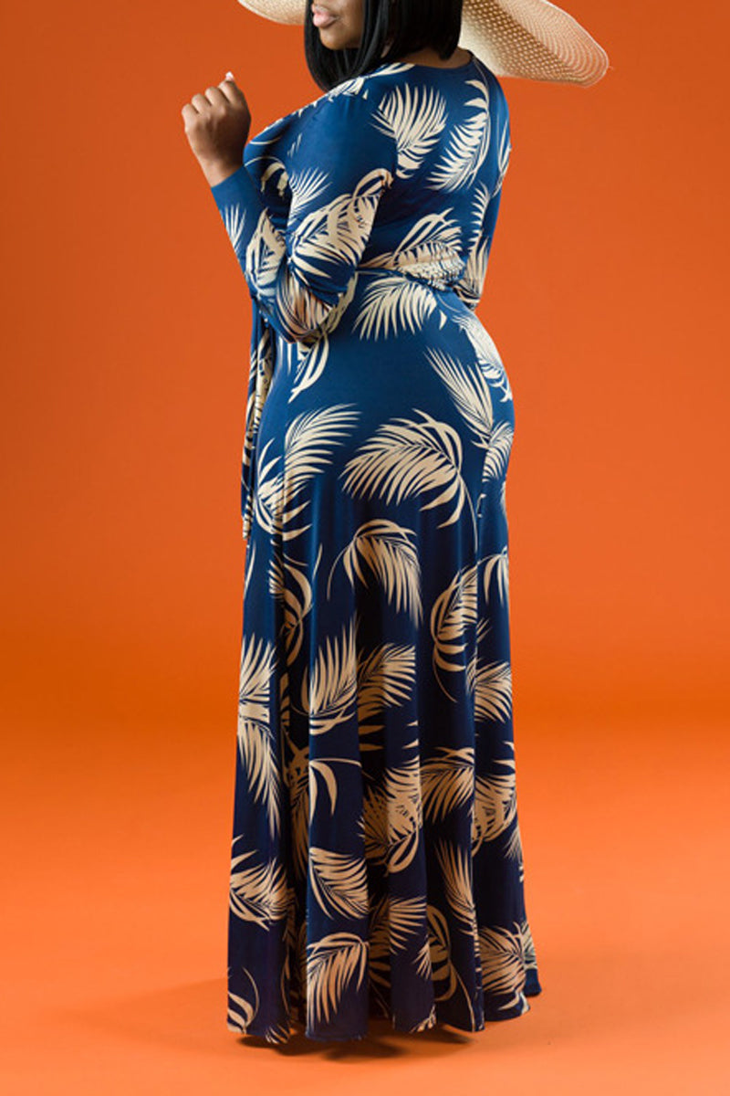 Robe Maxi Décontractée Imprimée de Grande Taille avec Ceinture à Ceinture et Manches Longues