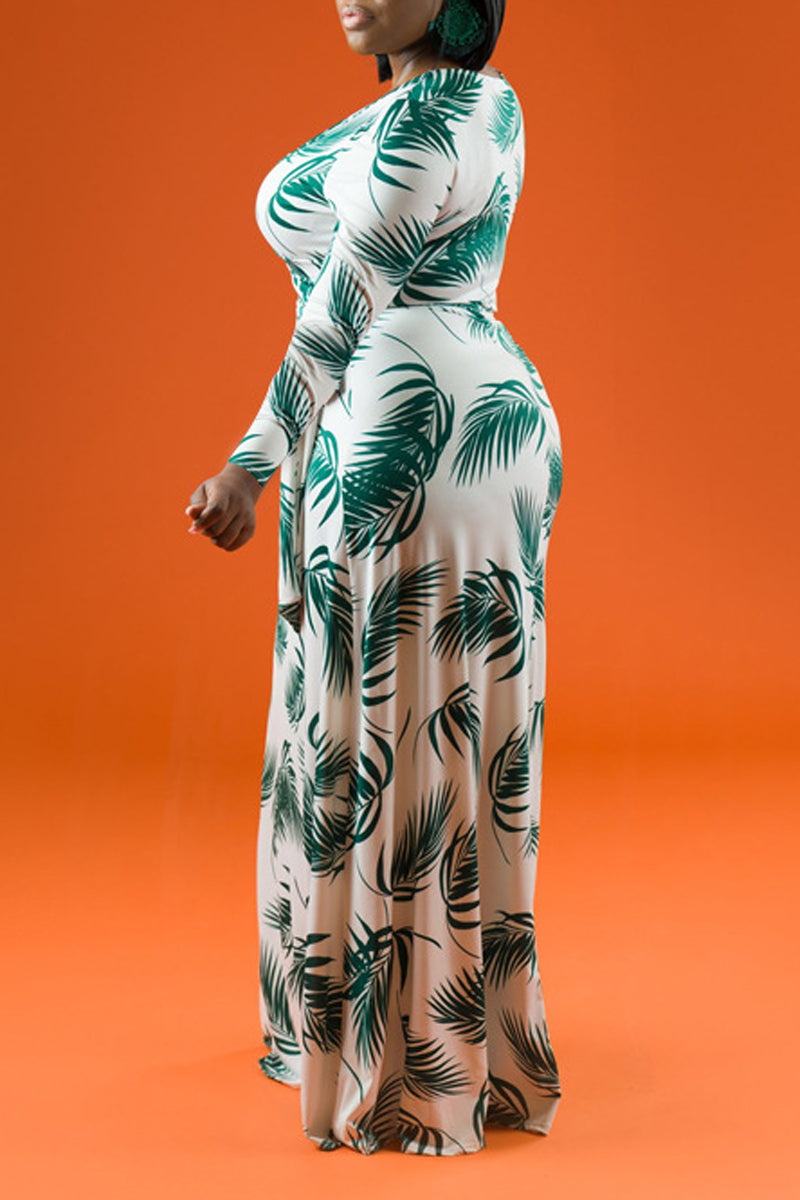 Robe Maxi Décontractée Imprimée de Grande Taille avec Ceinture à Ceinture et Manches Longues